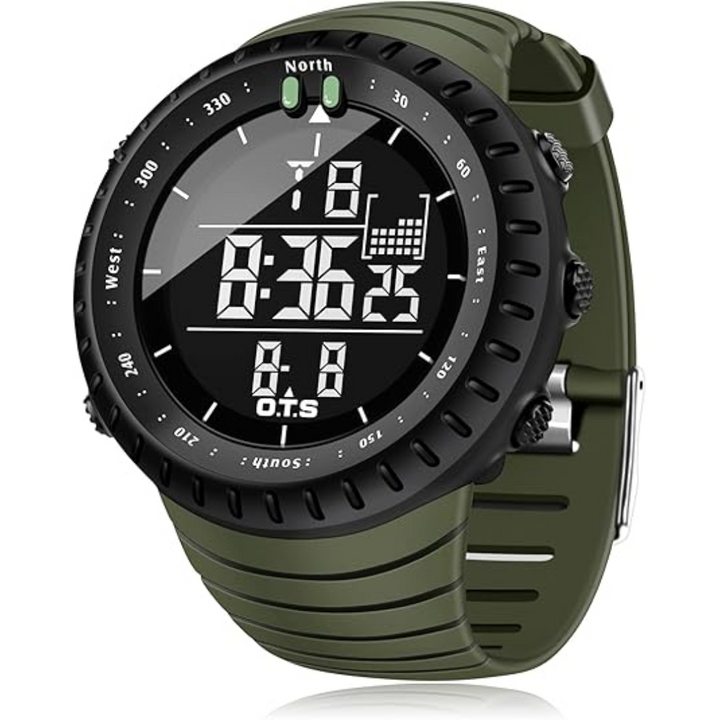 Waterproof & shock-resistant men's tactical digital watch for outdoor adventures and active use.