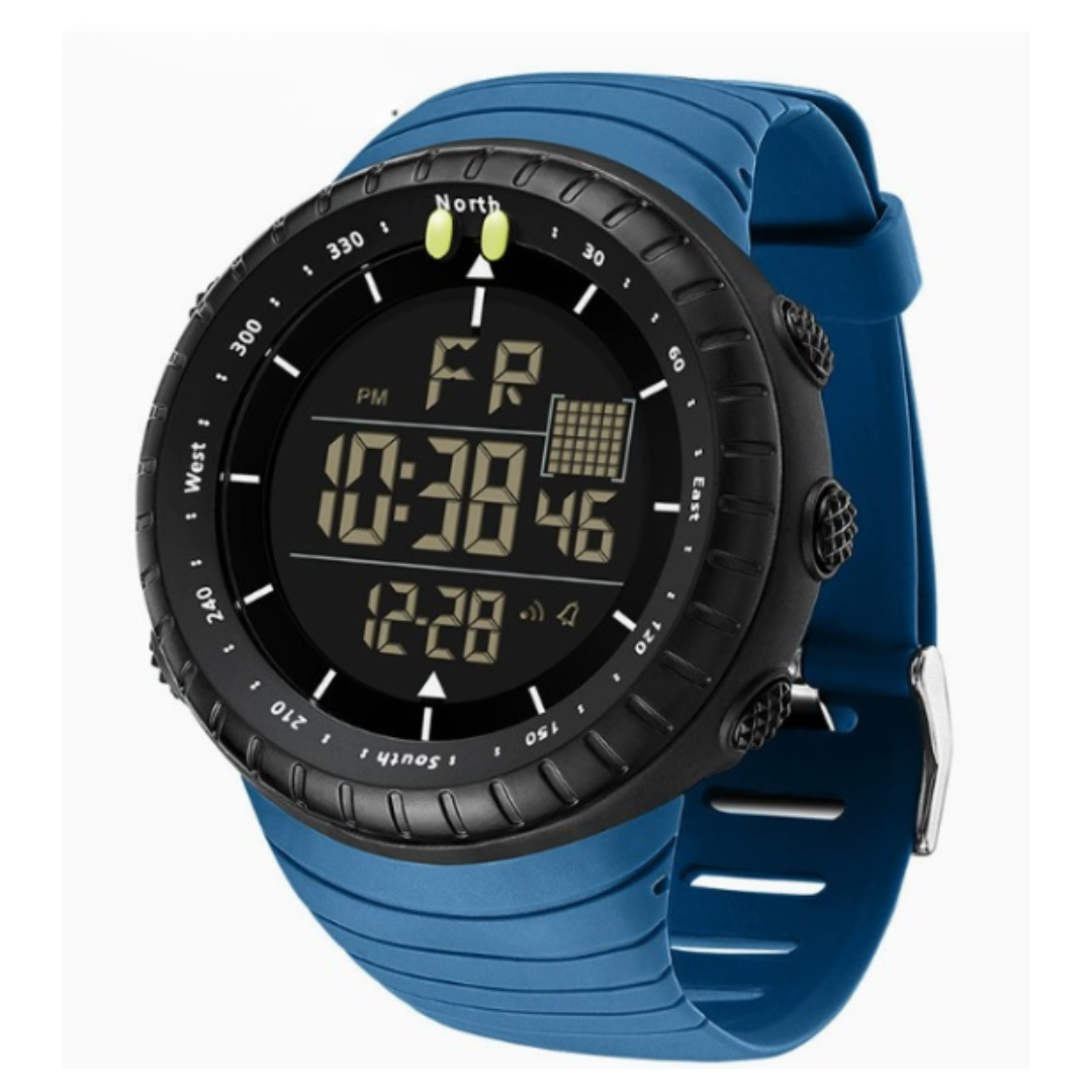 Durable men's digital sports watch, waterproof and shock resistant, perfect for adventure gear.