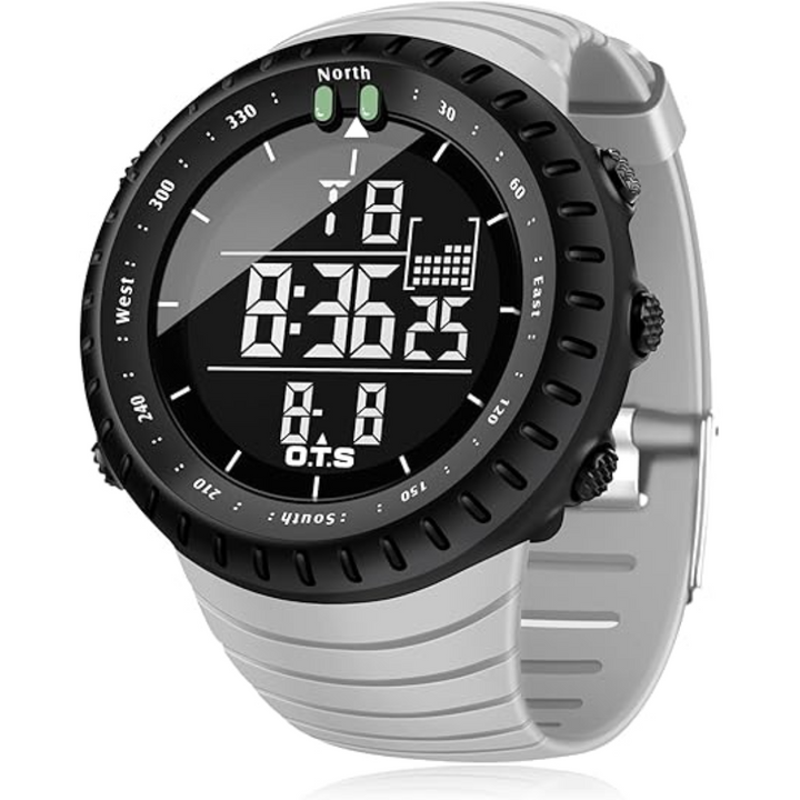 Men's rugged digital outdoor watch featuring a waterproof design & shock resistance with LED display.