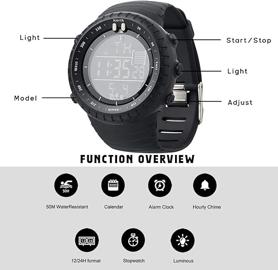Active lifestyle men's digital watch, waterproof, shock resistant, ideal for sports & outdoor activities.