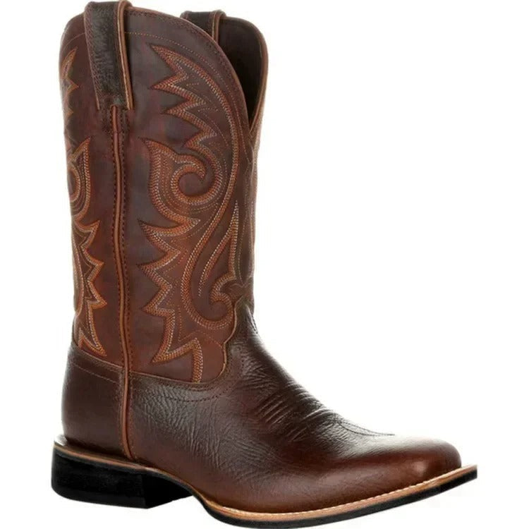 Durable men's mid-calf cowboy boots with a square toe, featuring rugged charm.