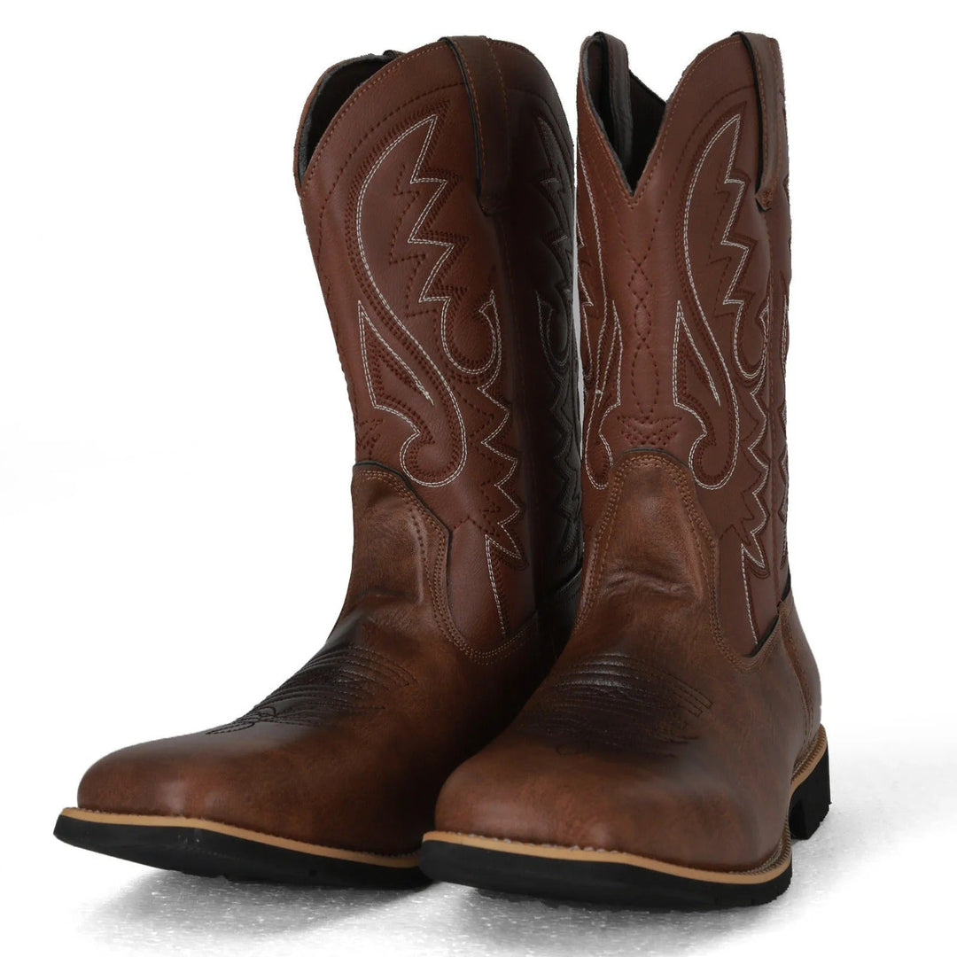 Stylish men's slip-on western boots with square toes, ideal for modern cowboy fashion.