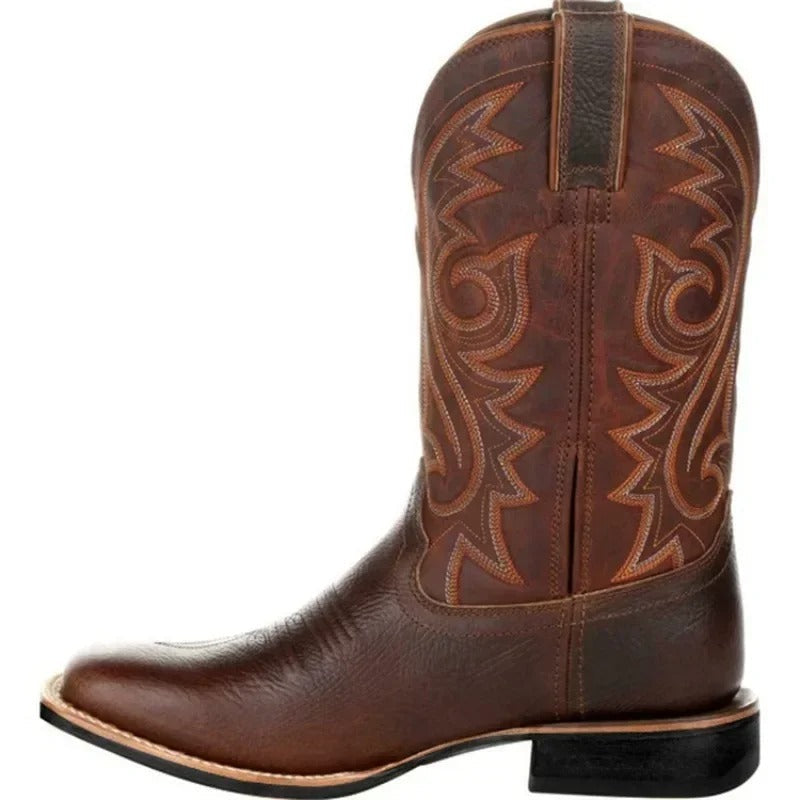 Rugged men's square toe western boots with totem pattern details, built for everyday wear.