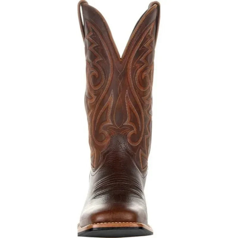 Textured men's square toe western boots, mid-calf design, great for rugged outdoor fashion.