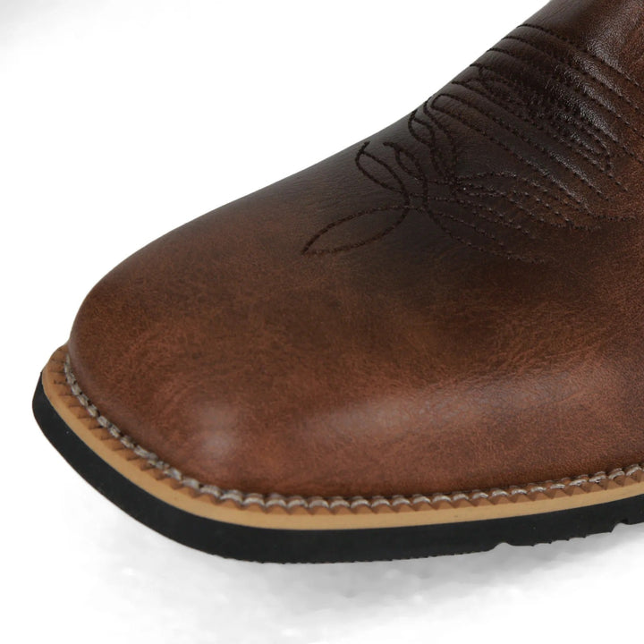 Classic men's western style boots with square toes, rugged mid-calf design for casual wear and durability.