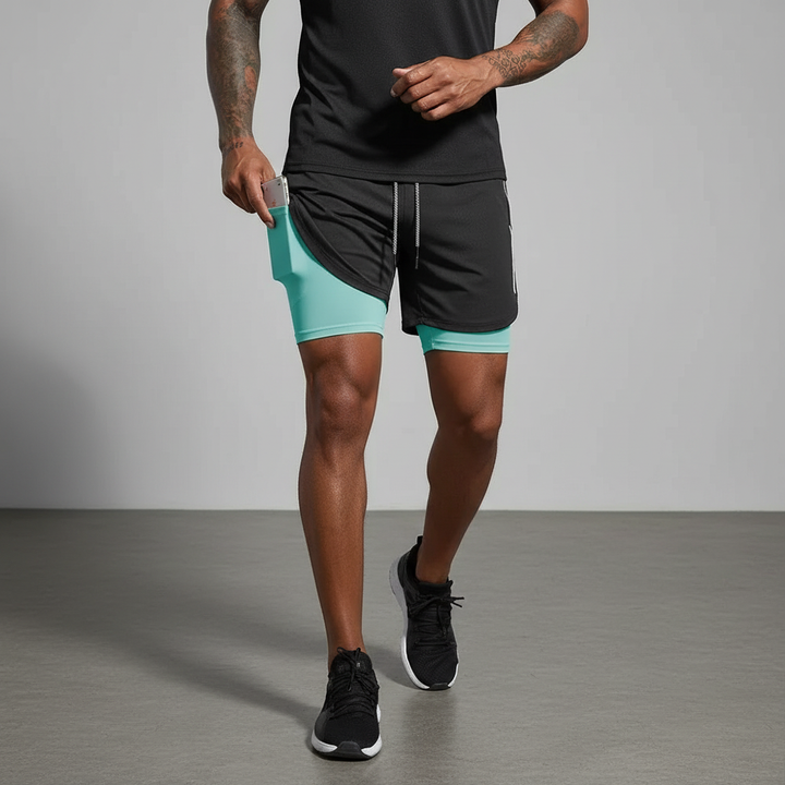 Men's RunVibeX double-layer running shorts, black. Ultimate comfort & support for athletes.