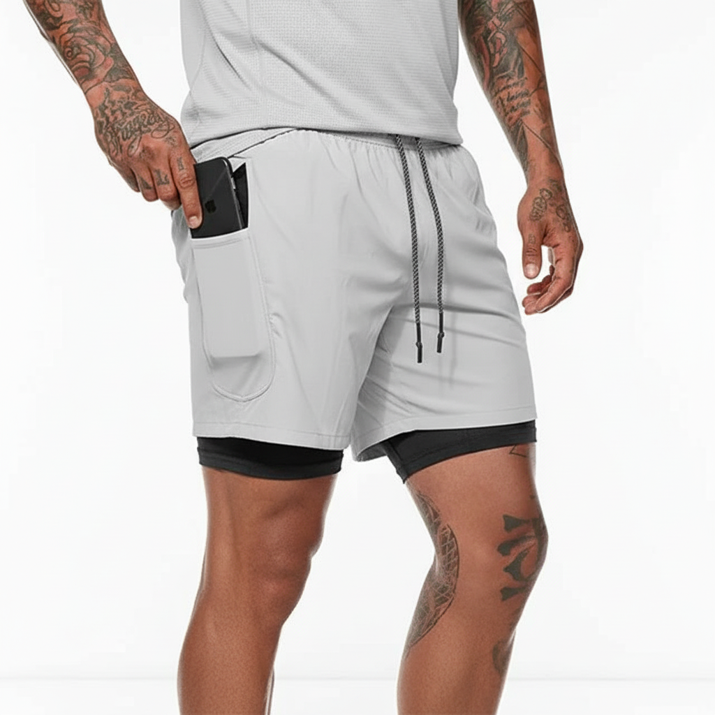 RunVibeX men's training shorts, double layer construction for enhanced comfort & support. Fitness apparel.