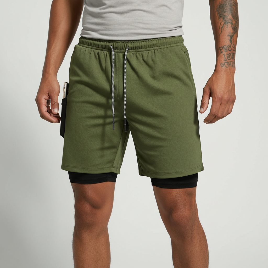 Men's double layer athletic running shorts, black. Essential workout gear for active lifestyles.