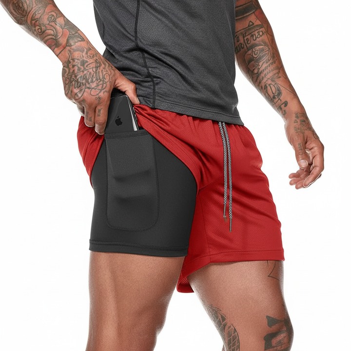 Close-up of men's double layer running shorts fabric, showcasing breathable material & quality stitching.