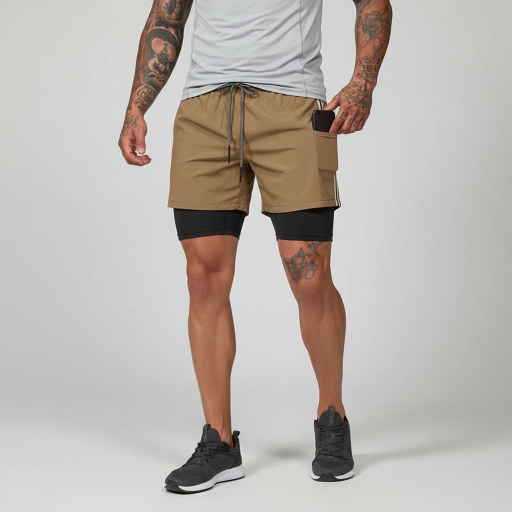 Man running in RunVibeX double layer performance shorts, demonstrating comfort, support & flexibility.