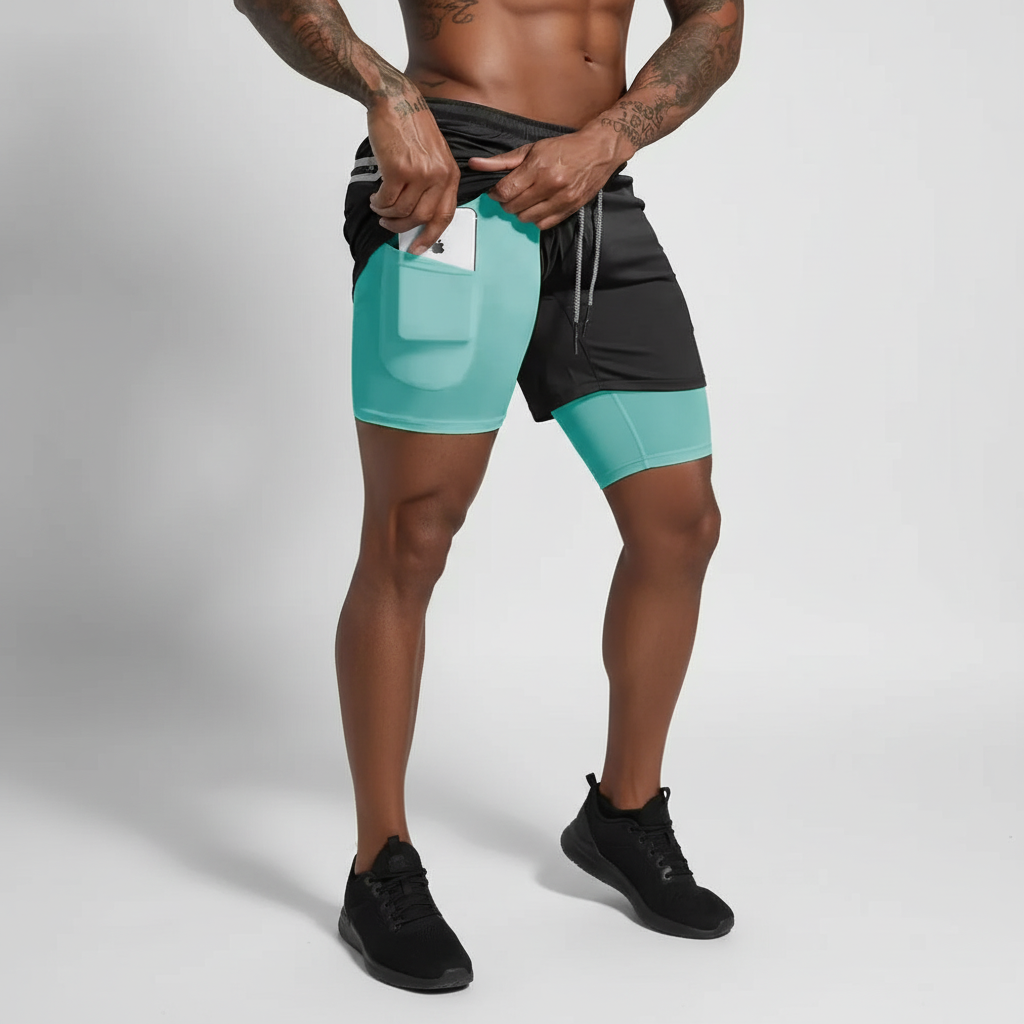 Comfortable men's athletic shorts with double layer for enhanced support during runs & workouts.