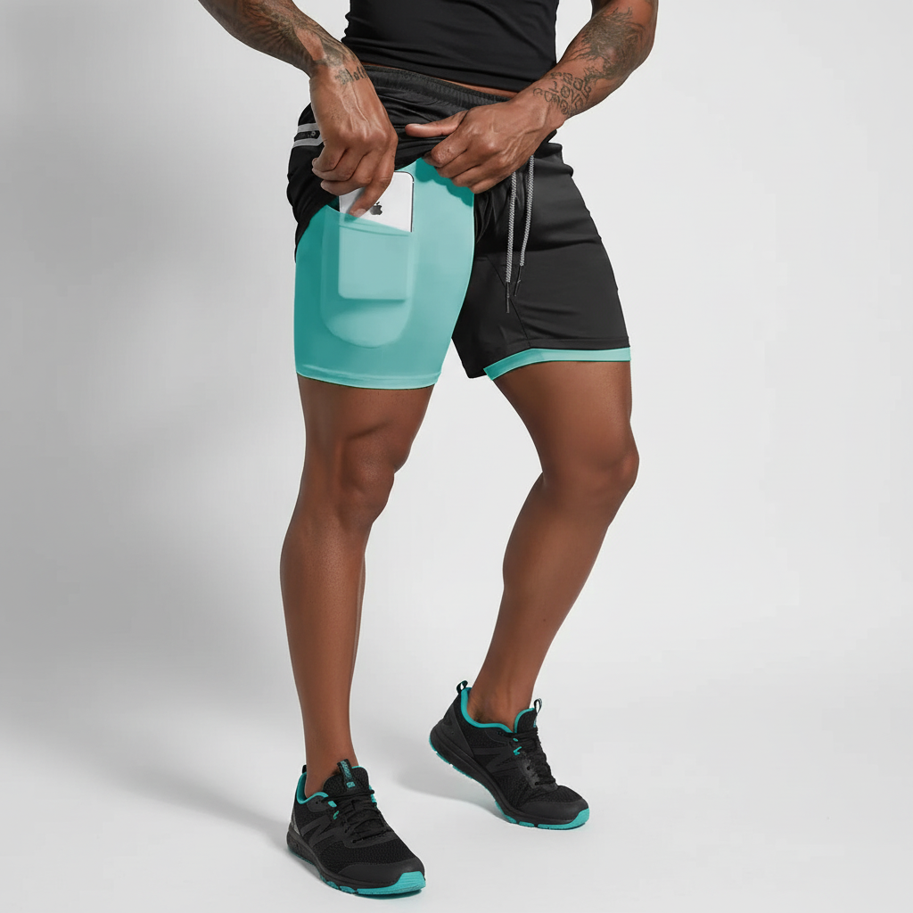 Supportive men's double layer compression shorts, black, perfect for intense workouts & running.