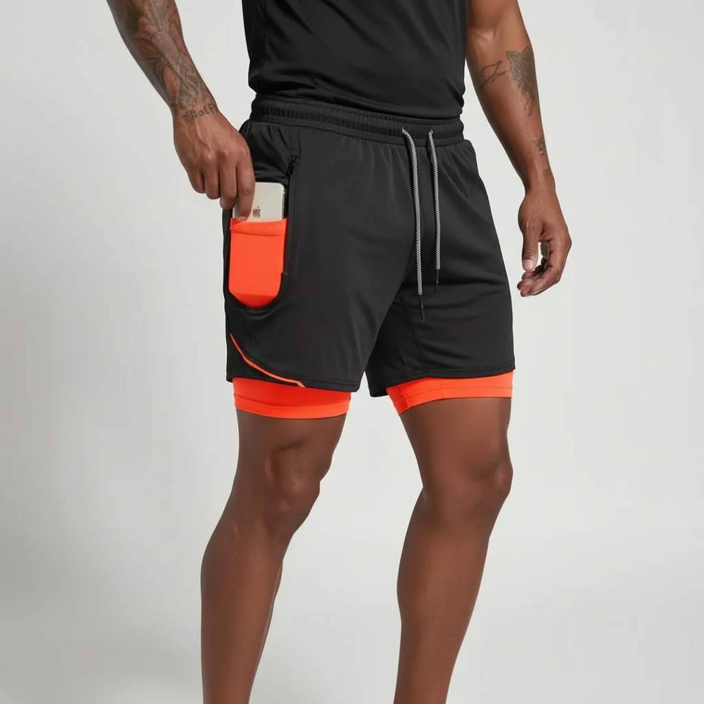 Gym fitness men's double layer shorts for workout gear. Provides comfort & flexibility for training.
