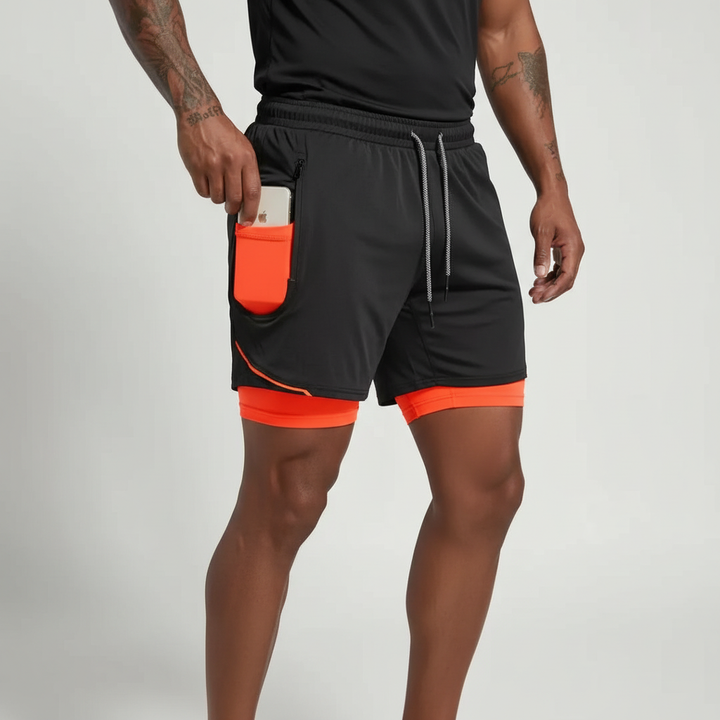 Gym fitness men's double layer shorts for workout gear. Provides comfort & flexibility for training.