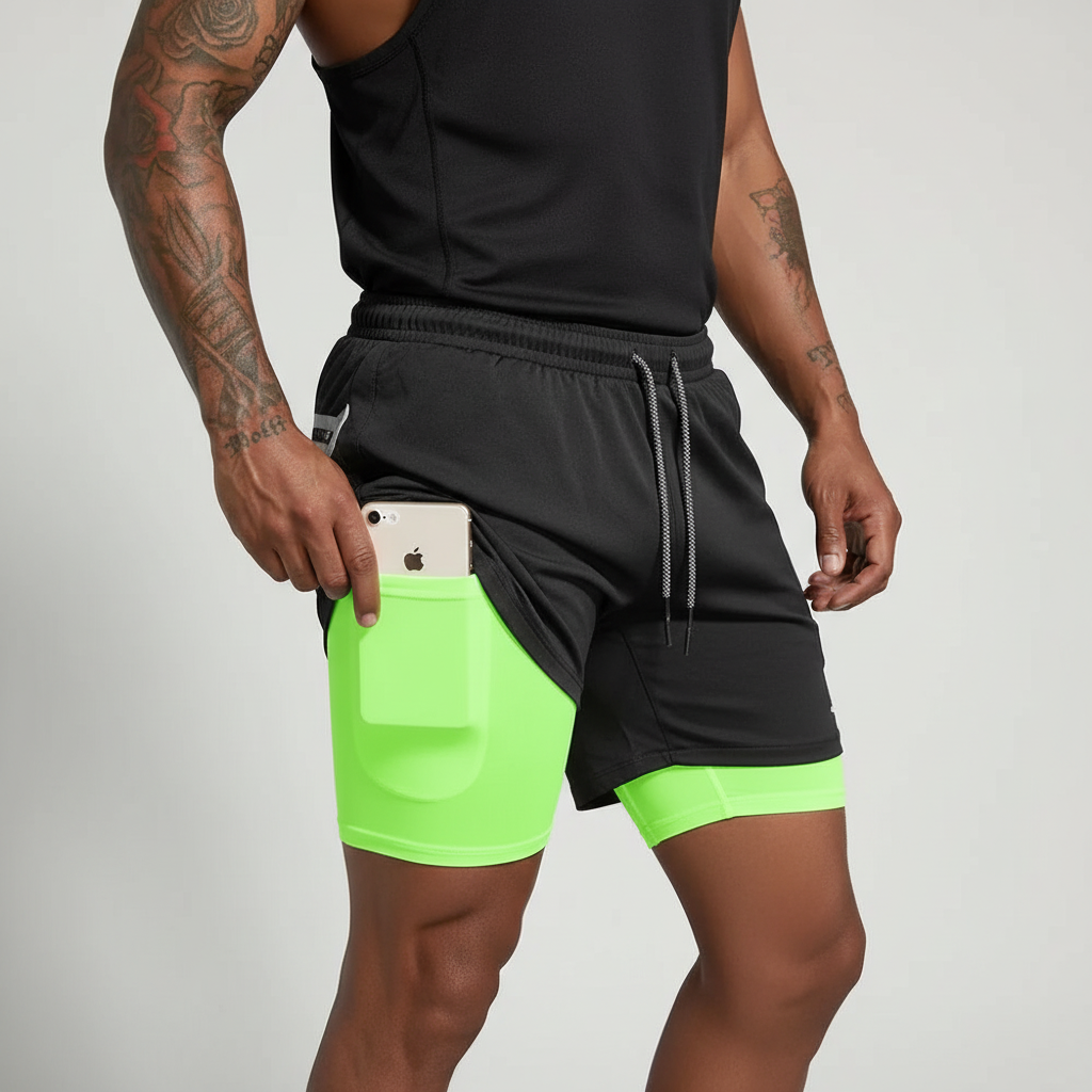 RunVibeX men's sportswear. Double layer running shorts, designed for ultimate athletic performance.