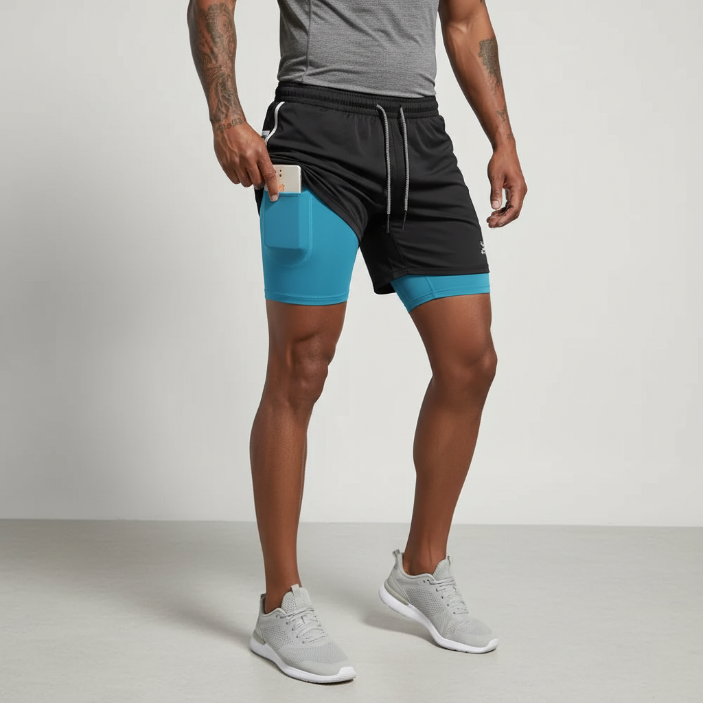 Men's activewear double layer running shorts, black. Combining comfort, support & style for sports.