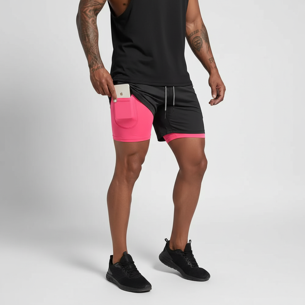 Durable men's double layer running shorts. Compression inner layer for ultimate comfort & support.