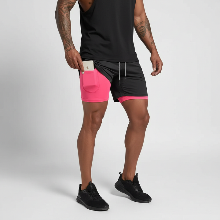 Durable men's double layer running shorts. Compression inner layer for ultimate comfort & support.