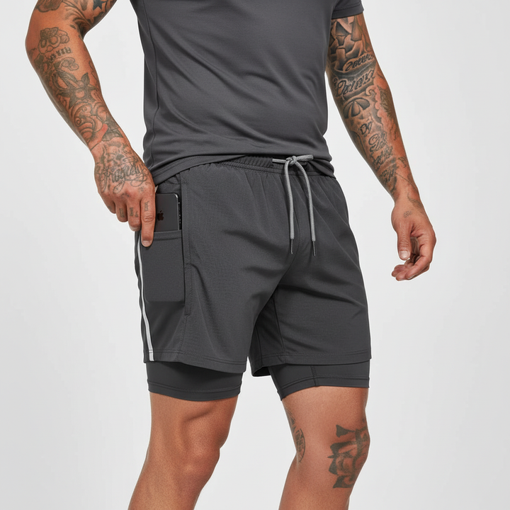 Premium men's performance shorts, double-layer design for running, gym & training. Black athletic wear.