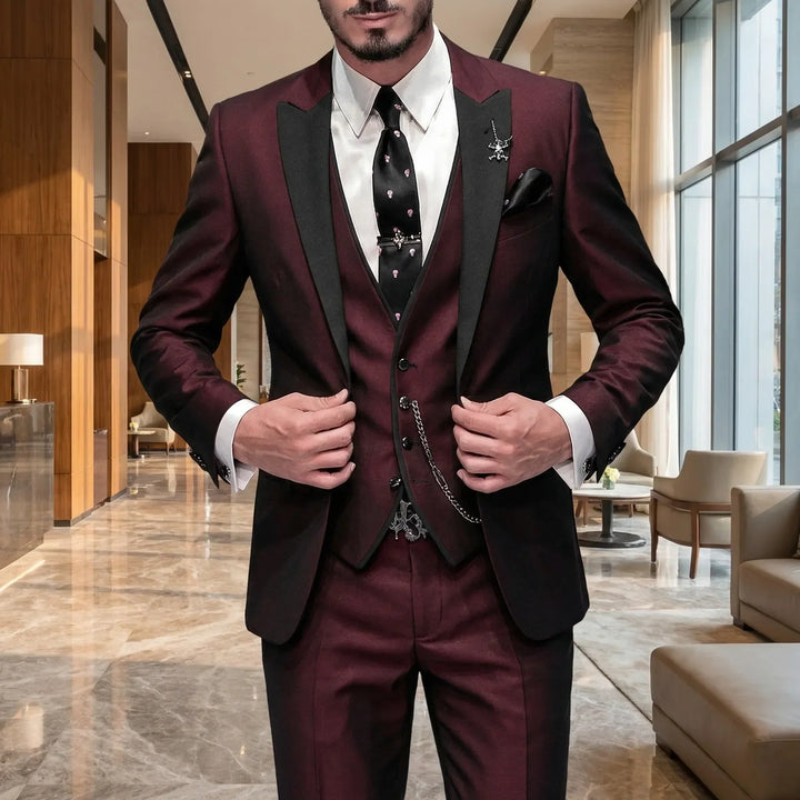Men's sharp 3-piece slim-fit formal suit in burgundy, perfect for distinguished style.
