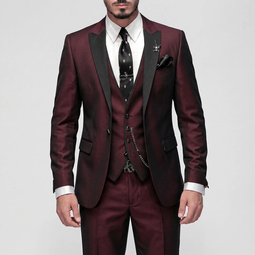 Sophisticated burgundy 3-piece slim-fit men's formal suit for weddings & business events.