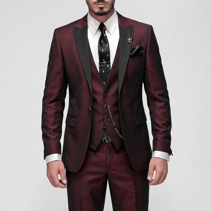 Sophisticated burgundy 3-piece slim-fit men's formal suit for weddings & business events.