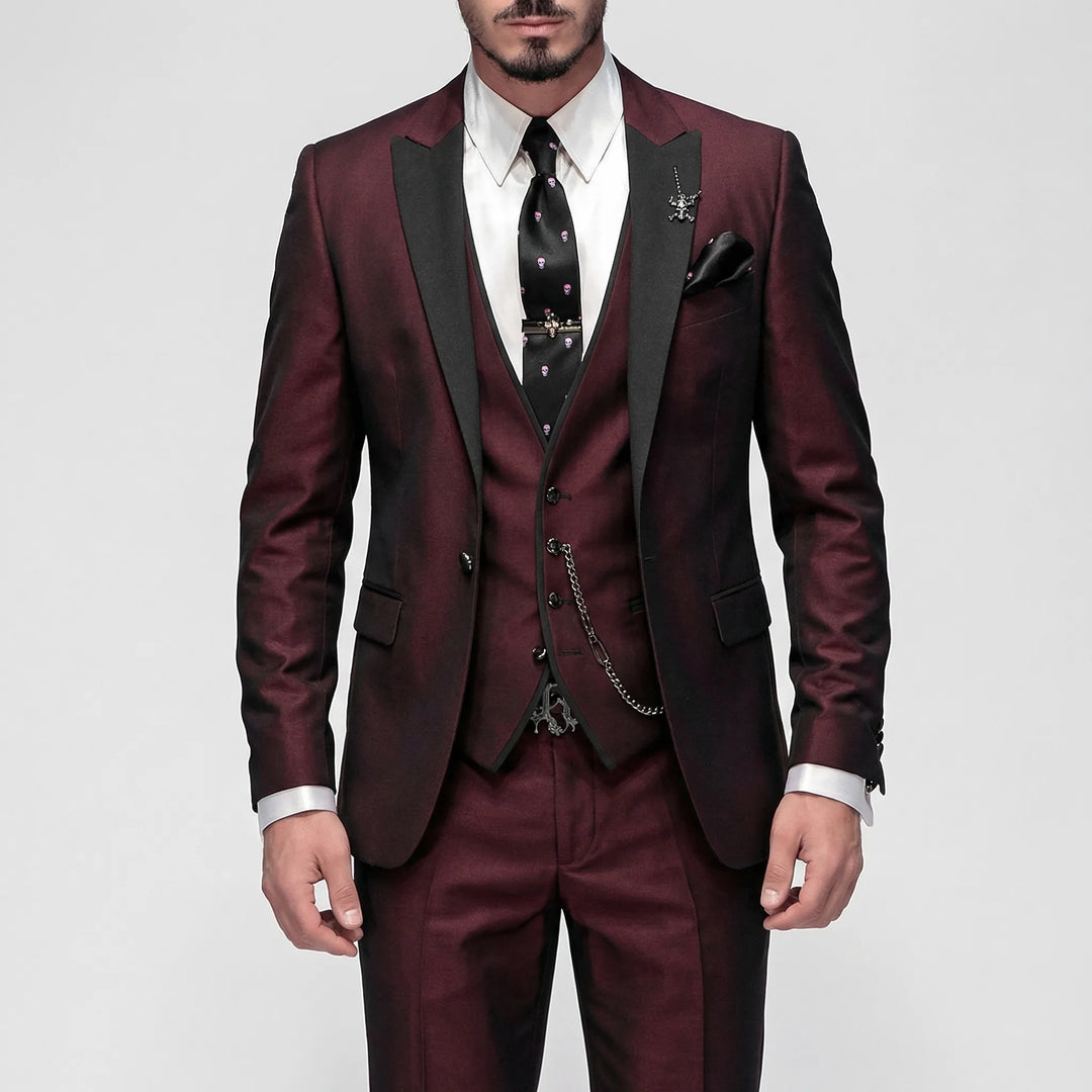 Distinguished men's 3-piece slim-fit suit in burgundy, formal wear for elegant style.