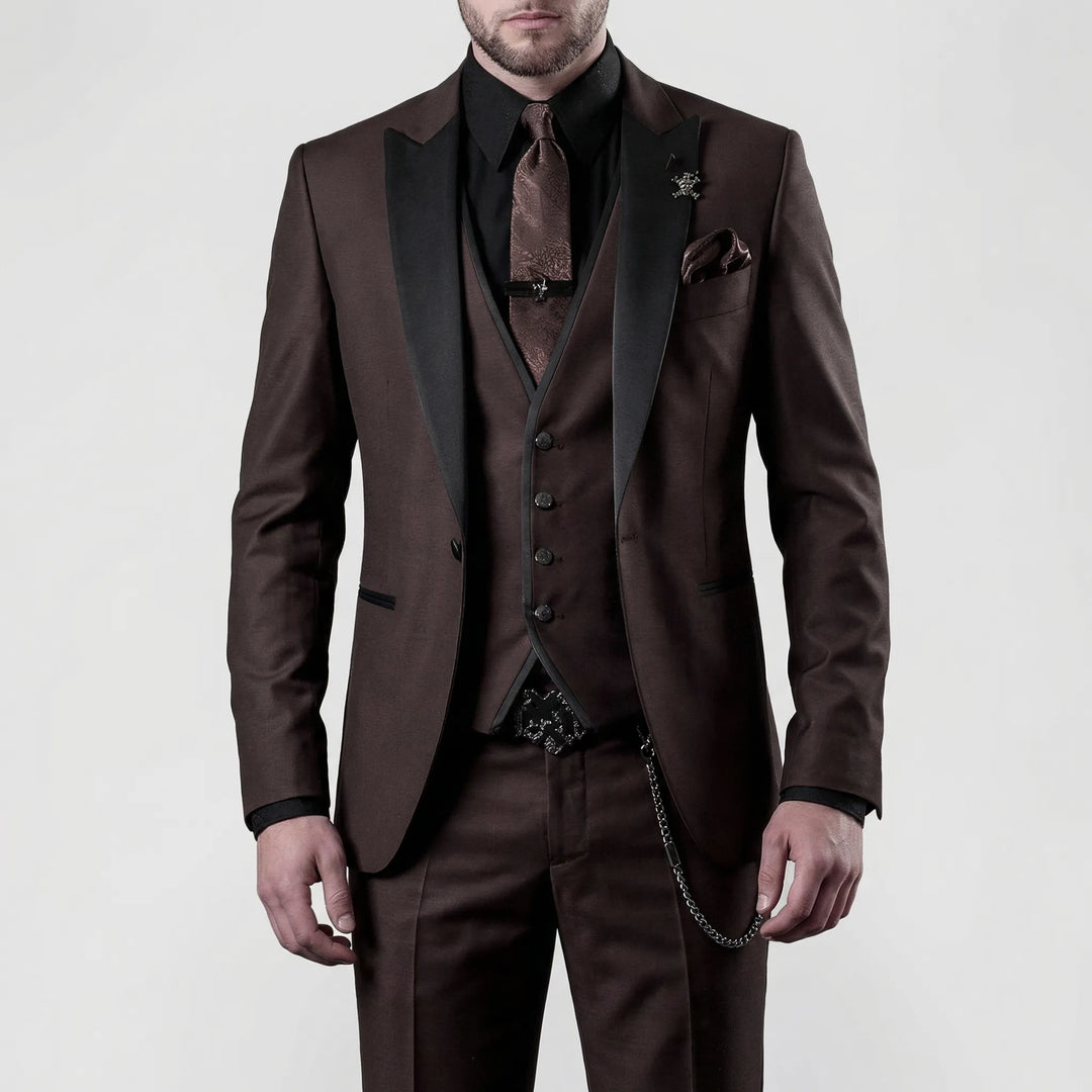 Men's elegant 3-piece slim-fit formal suit in burgundy, designed for a distinguished look.
