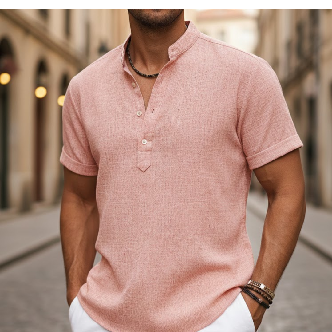 Men's short sleeve Henley shirt for summer comfort, ideal for casual wear & warm weather fashion.