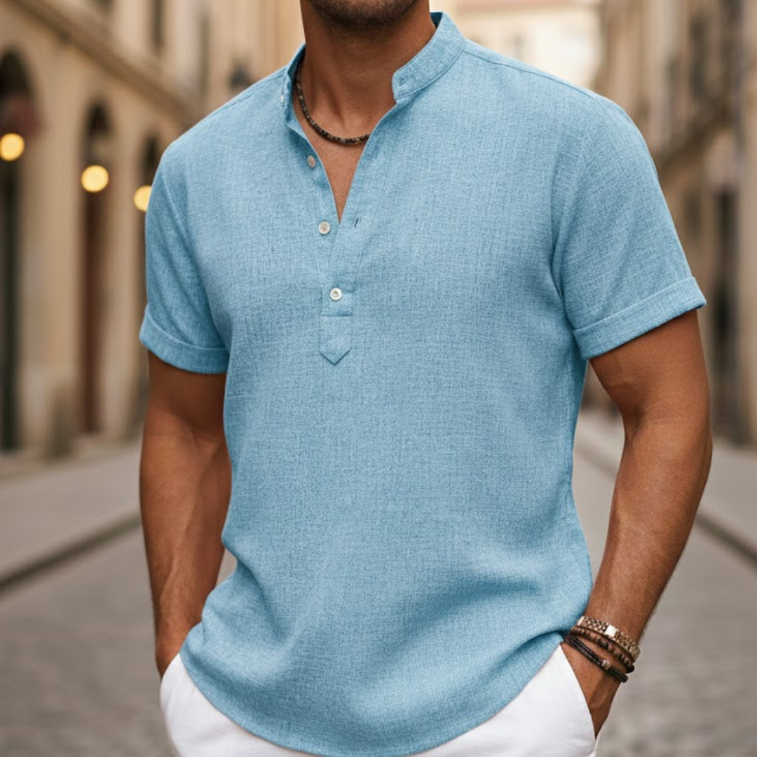 Breathable men's short sleeve Henley shirt, perfect for summer style, vacation, and everyday casual outfits.