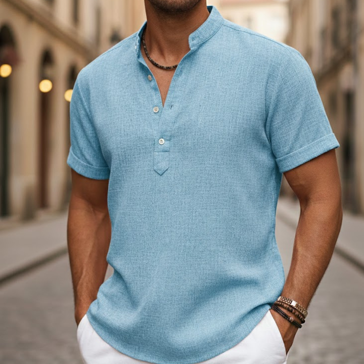 Breathable men's short sleeve Henley shirt, perfect for summer style, vacation, and everyday casual outfits.