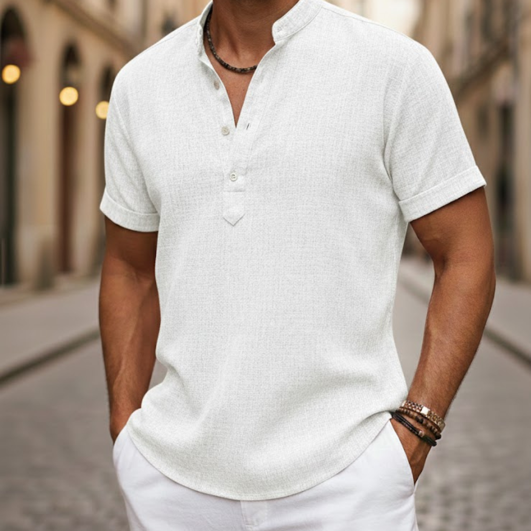 Stylish men's short sleeve Henley polo shirt, great for summer fashion, warm weather, and casual comfort.