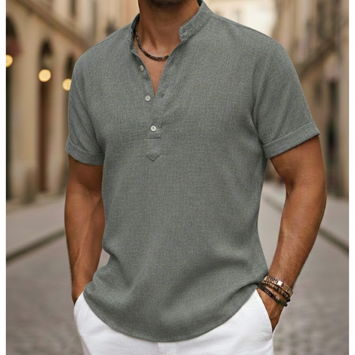 Versatile men's short sleeve Henley, a summer essential for casual wear, men's style, and vacation comfort.