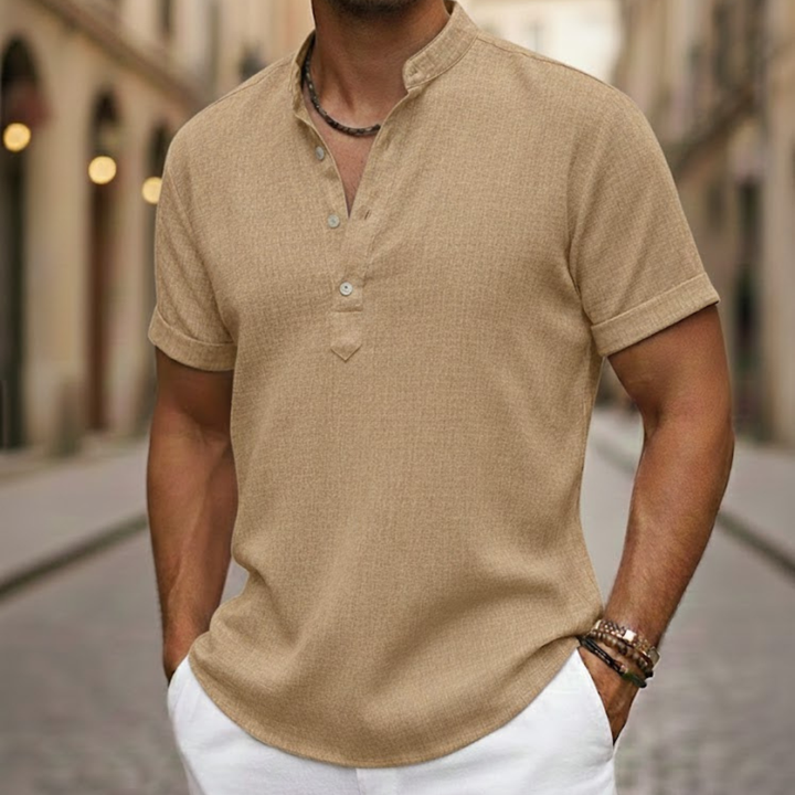 Lightweight men's short sleeve Henley shirt, designed for ultimate summer breathability and everyday style.