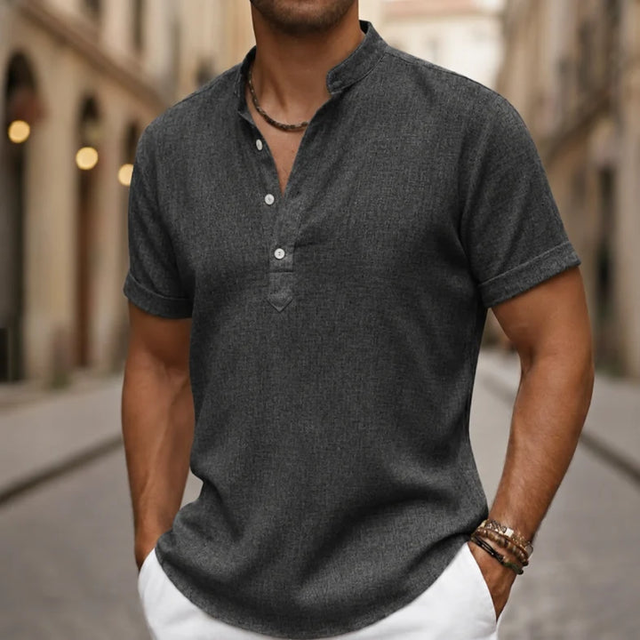 Front view of a men's short sleeve Henley shirt, perfect for casual summer fashion & breathable everyday wear.