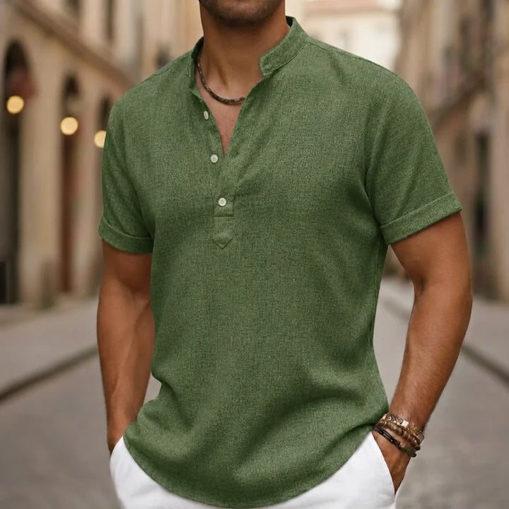Men's short sleeve Henley shirt, a must-have for summer fashion, ensuring comfort and casual men's style.