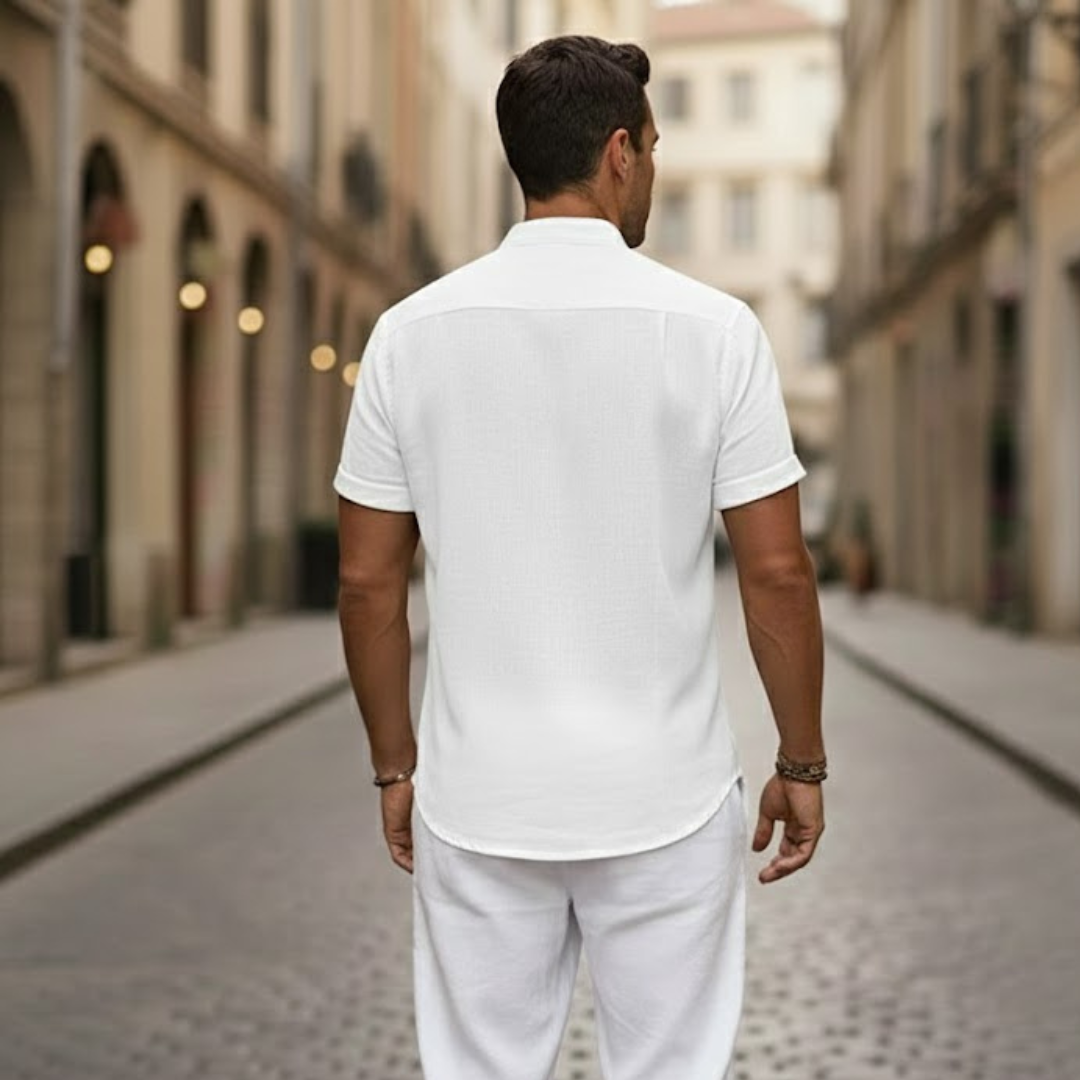 Casual men's short sleeve Henley top, ideal for summer, warm weather, vacation, and everyday comfortable style.