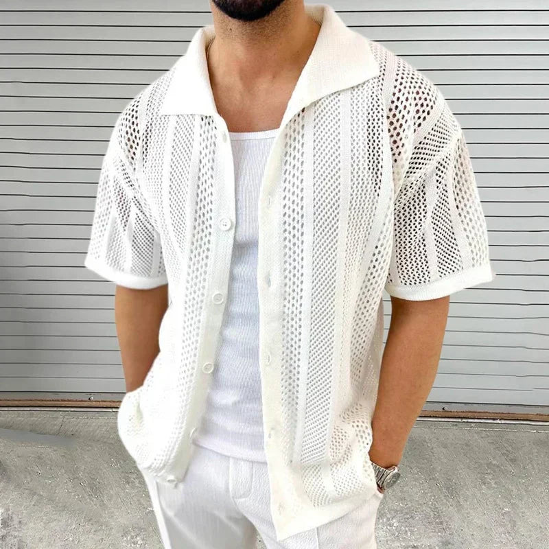 Stylish gray men's short sleeve knit shirt with classic collar for smart casual summer outfits.