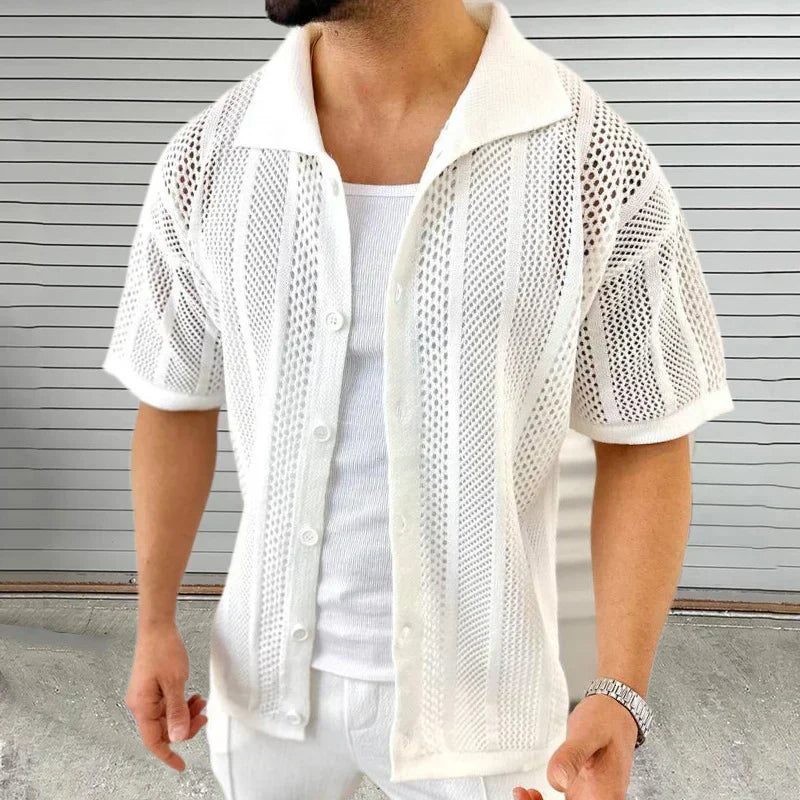 Black men's short sleeve knit shirt featuring a classic collar, perfect for modern casual and summer wear.