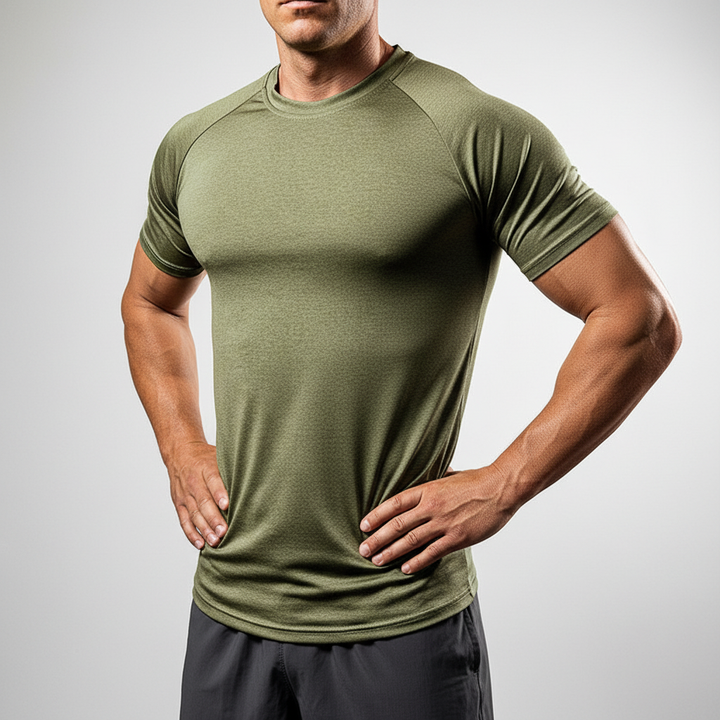 Moisture-wicking men's athletic shirt with odor control, perfect for intense training.