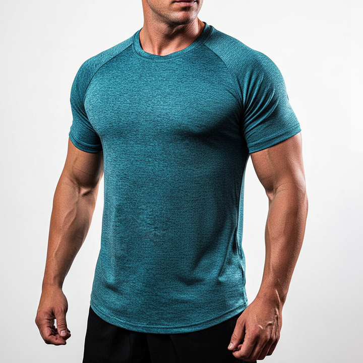 Durable men's workout shirt, short-sleeve, engineered with odor control for lasting freshness.