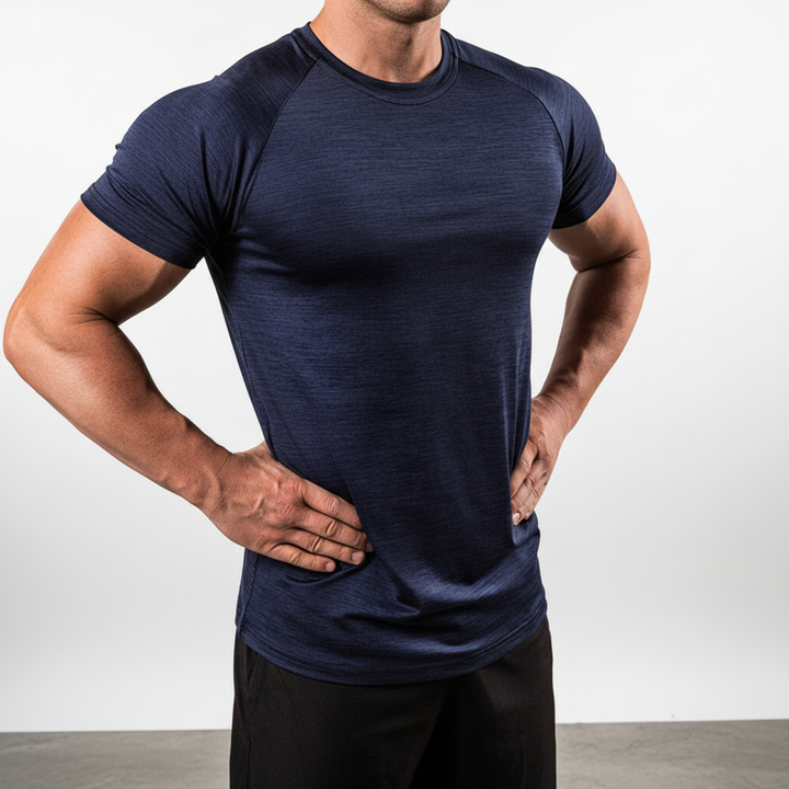Odor-control men's performance short-sleeve shirt, ideal for running, gym, and sports.