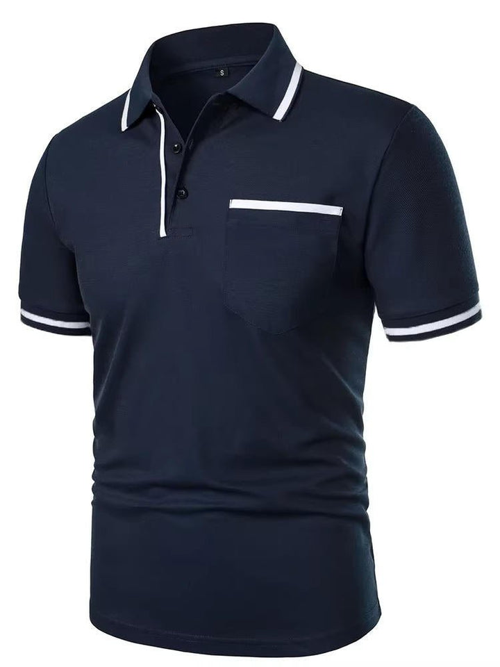 Front view of a men's short sleeve polo shirt. Classic fit, chest pocket, suitable for casual & everyday wear.