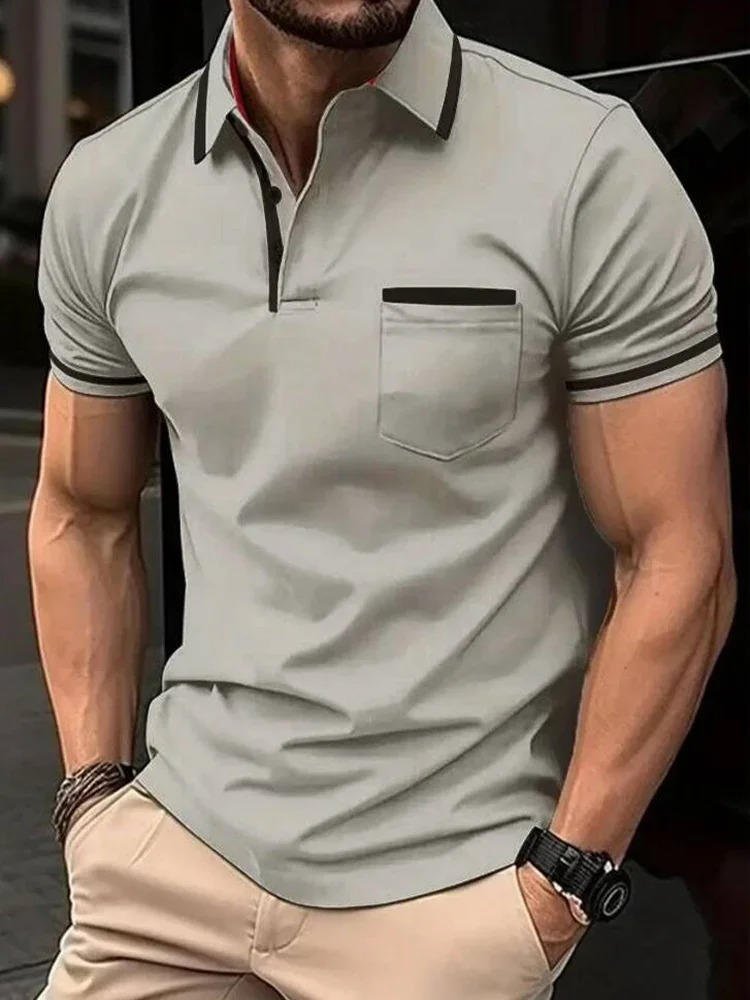 Comfortable men's casual short sleeve polo shirt with chest pocket. Versatile for workwear or summer.