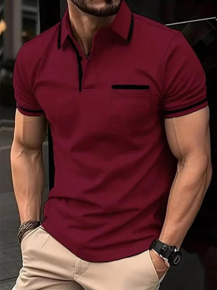 Men's summer style short sleeve polo shirt. Comfortable, casual, and features a practical chest pocket.