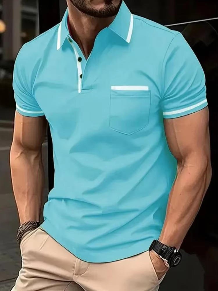 Blue men's short sleeve polo shirt, classic fit with chest pocket. Essential for casual style & workwear.