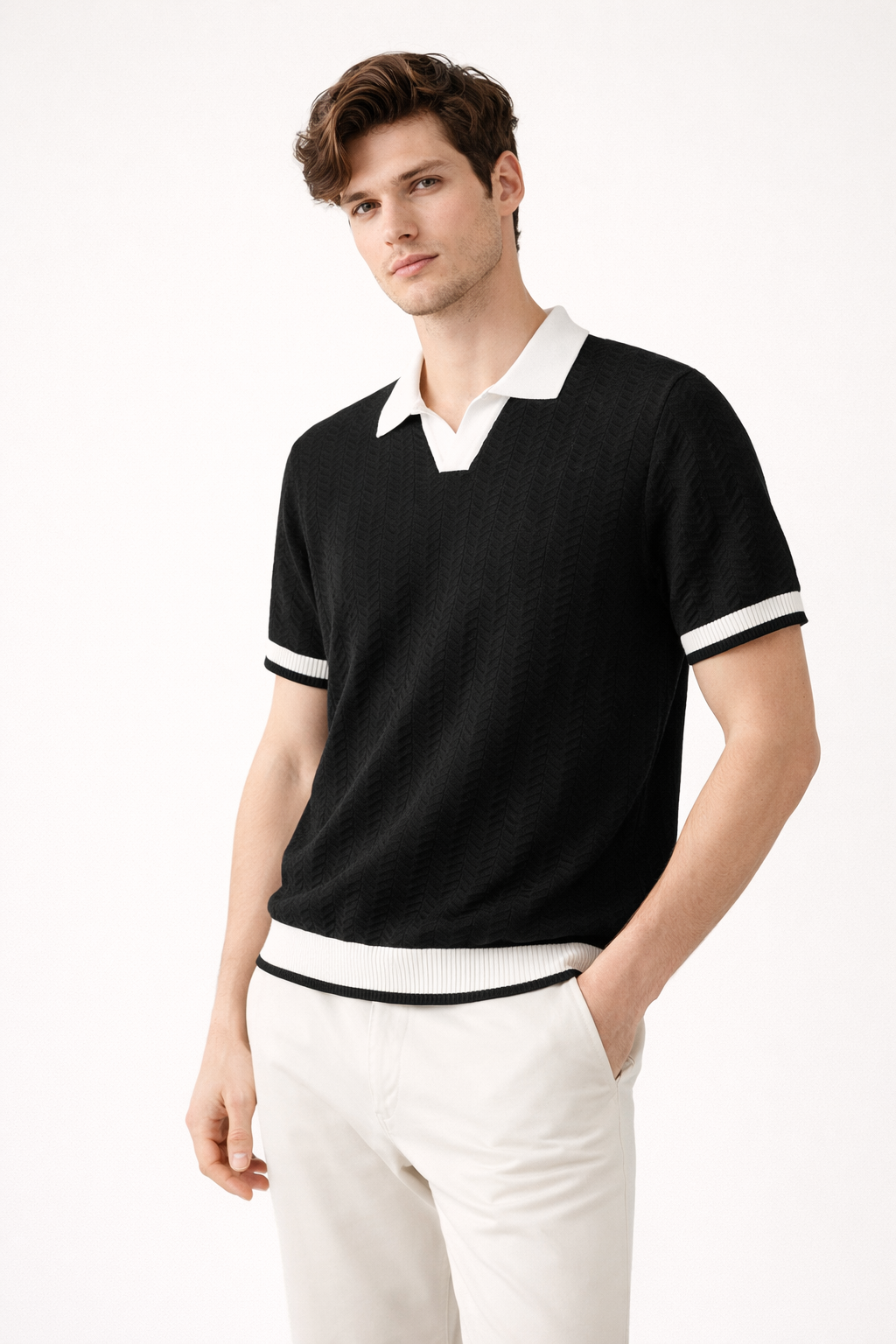 Textured men's short sleeve polo, soft breathable fabric for smart casual comfort & summer wear.