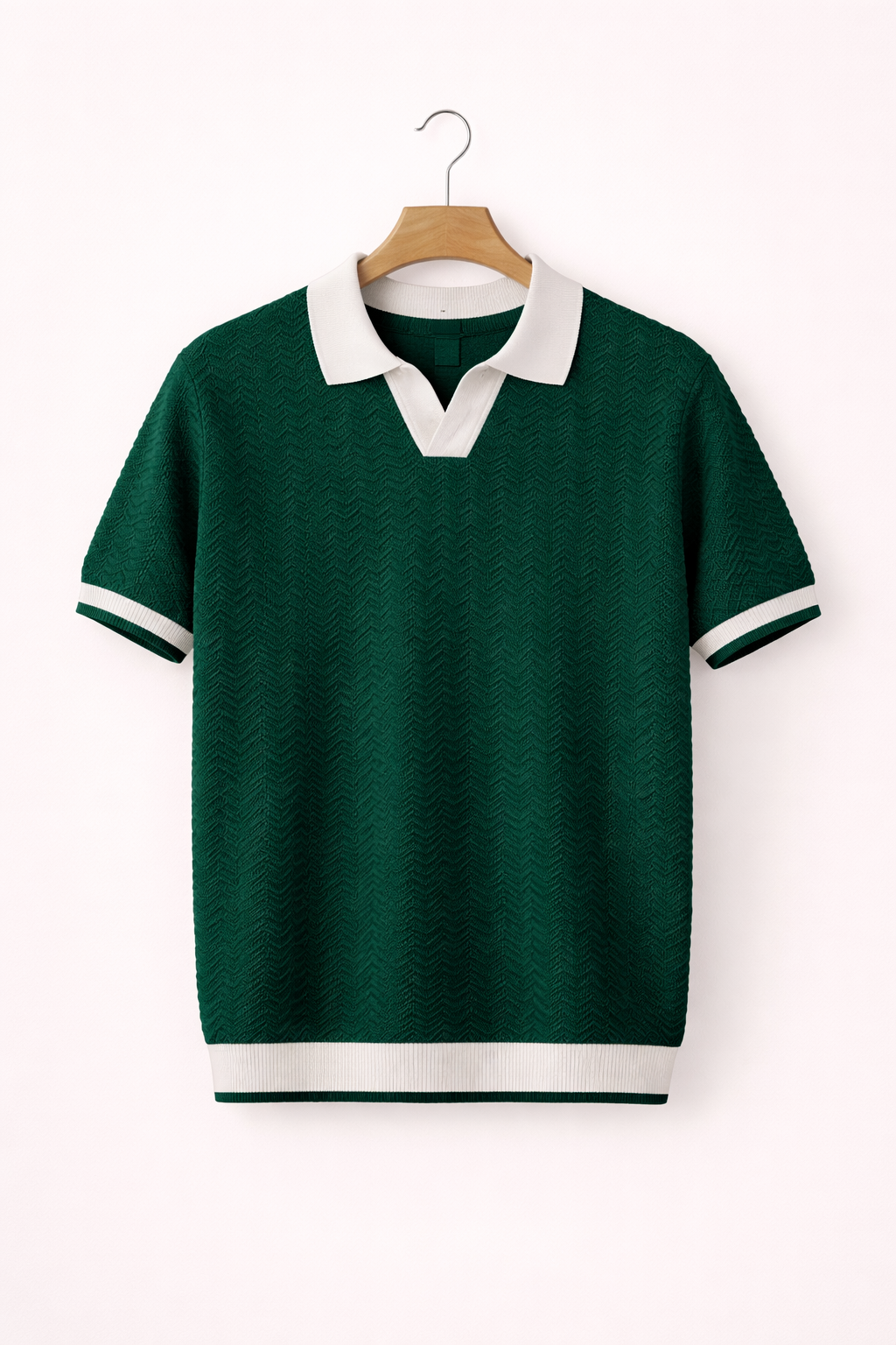 Close-up of men's short sleeve polo, showing comfortable modern fit & quality collared design.