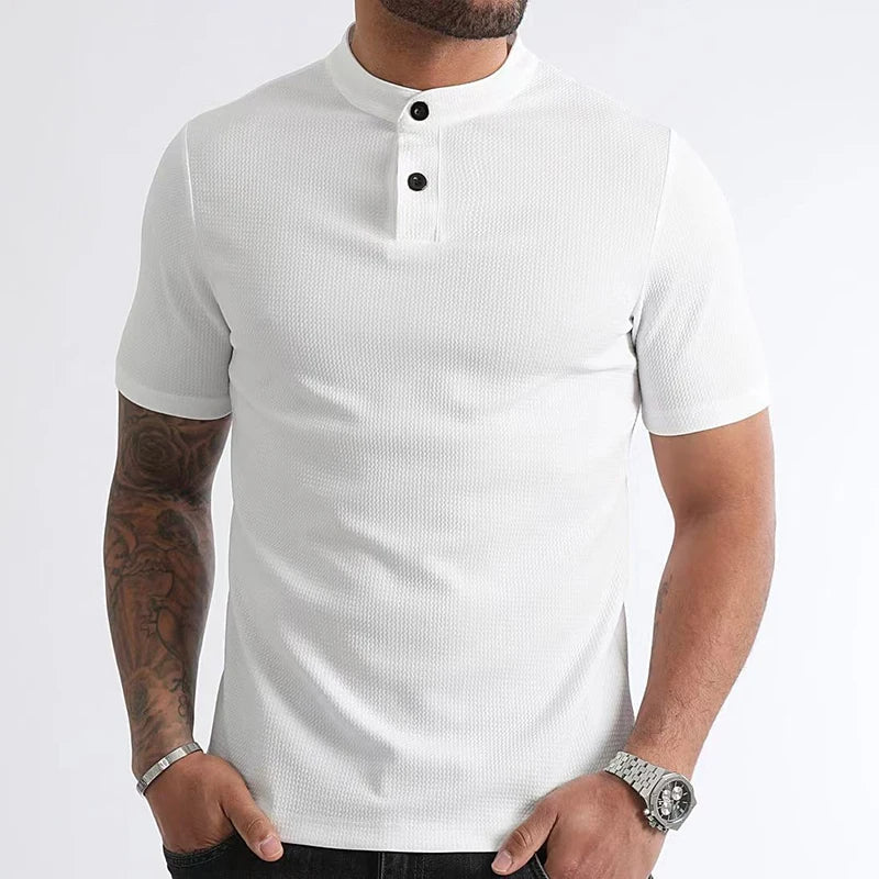Men's short sleeve waffle henley shirt in a casual style, ideal for everyday wear.