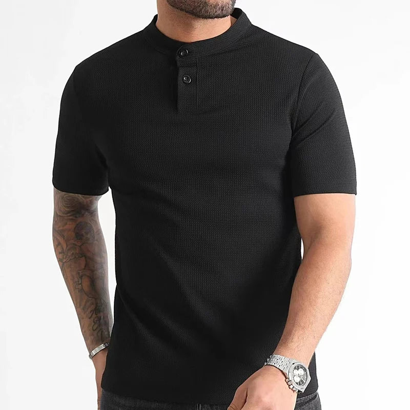 Versatile men's waffle knit henley shirt, perfect for casual spring fashion & everyday comfort.